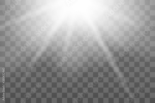 Shining sun glare rays, lens flare vector illustration. Sunlight glowing png effect. White beam sunrays sky background