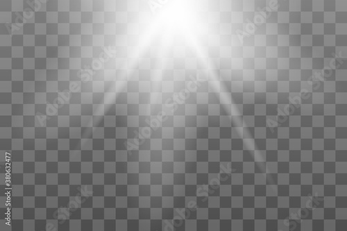 Shining sun glare rays, lens flare vector illustration. Sunlight glowing png effect. White beam sunrays sky background