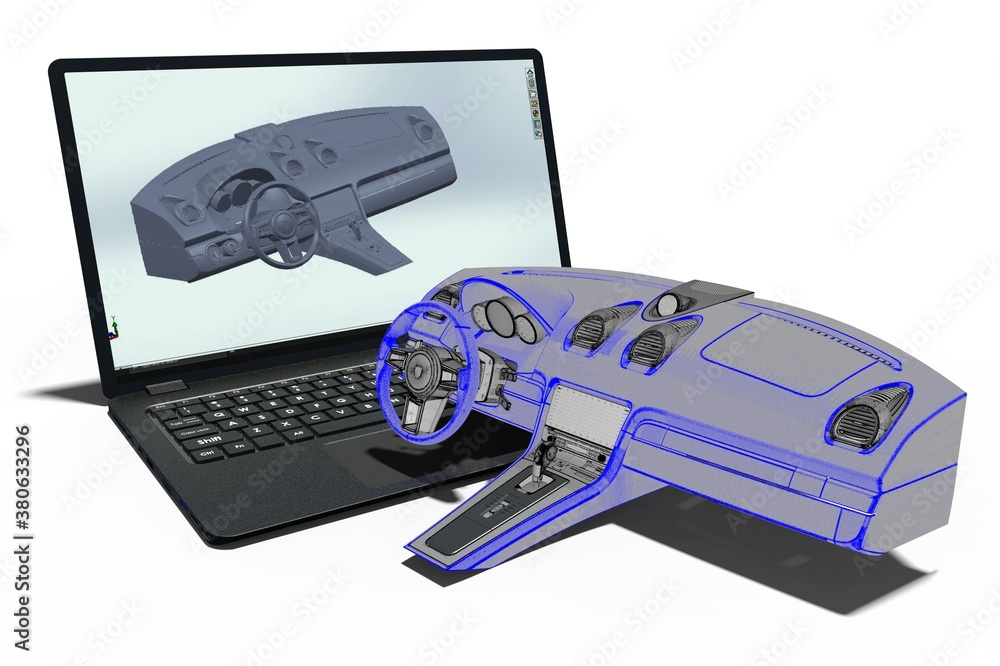 3D render image representing an car development process with the help of CAD