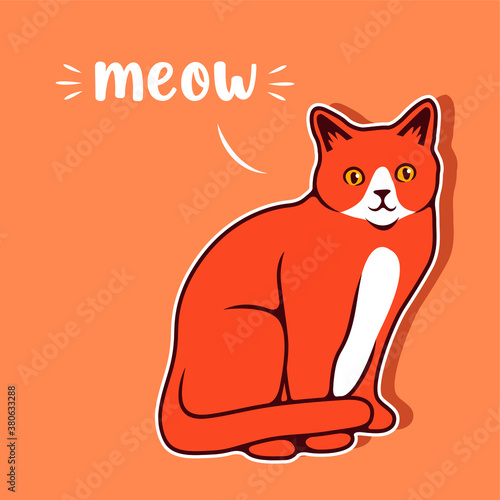 Fototapeta Naklejka Na Ścianę i Meble -  Happy Cute Cat Standing With Meow Text Vector Illustration. - Vector
