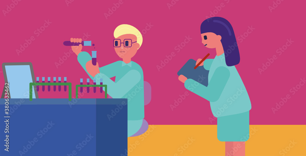 Man conducts a research analysis experiment in a laboratory woman assistant records result report
