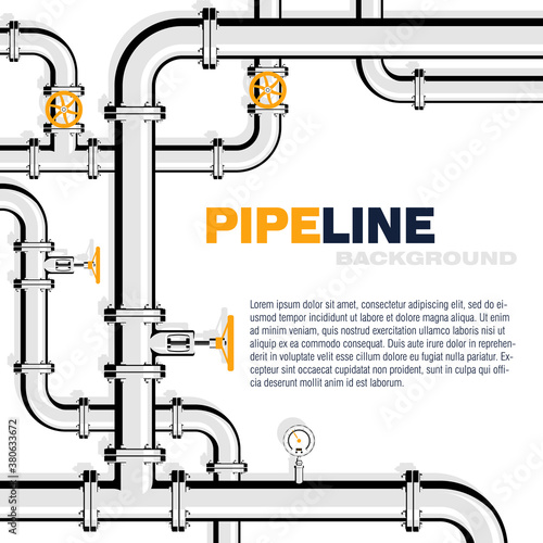 Gas pipeline vector background in flat style. Pipes with taps and gauges.