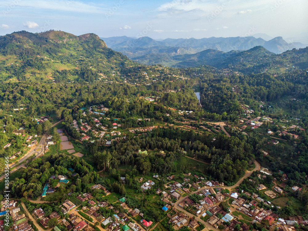 Aerial Drone Shot of Lushoto village in Usambara Mountains. Remote Place in Tanga Province, Tanzania, Africa
