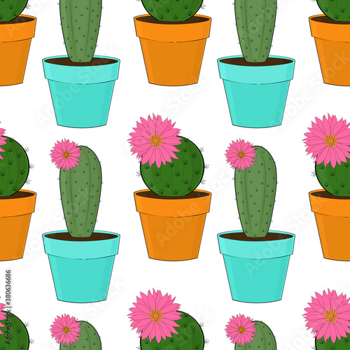 Seamless pattern cactus with flowers in pots vector illustration