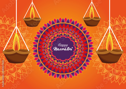 happy navratri celebration card with candles hanging and mandala