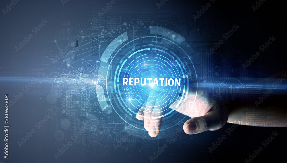 Hand touching REPUTATION button, modern business technology concept Hand touching REPUTATION button, modern business technology concept