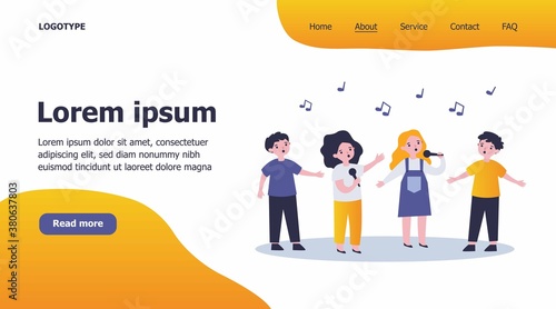 Group of children singing song with microphones. Kids attending music school, singing in church choir. Vector illustration for kids musical band, performance, talent show concept