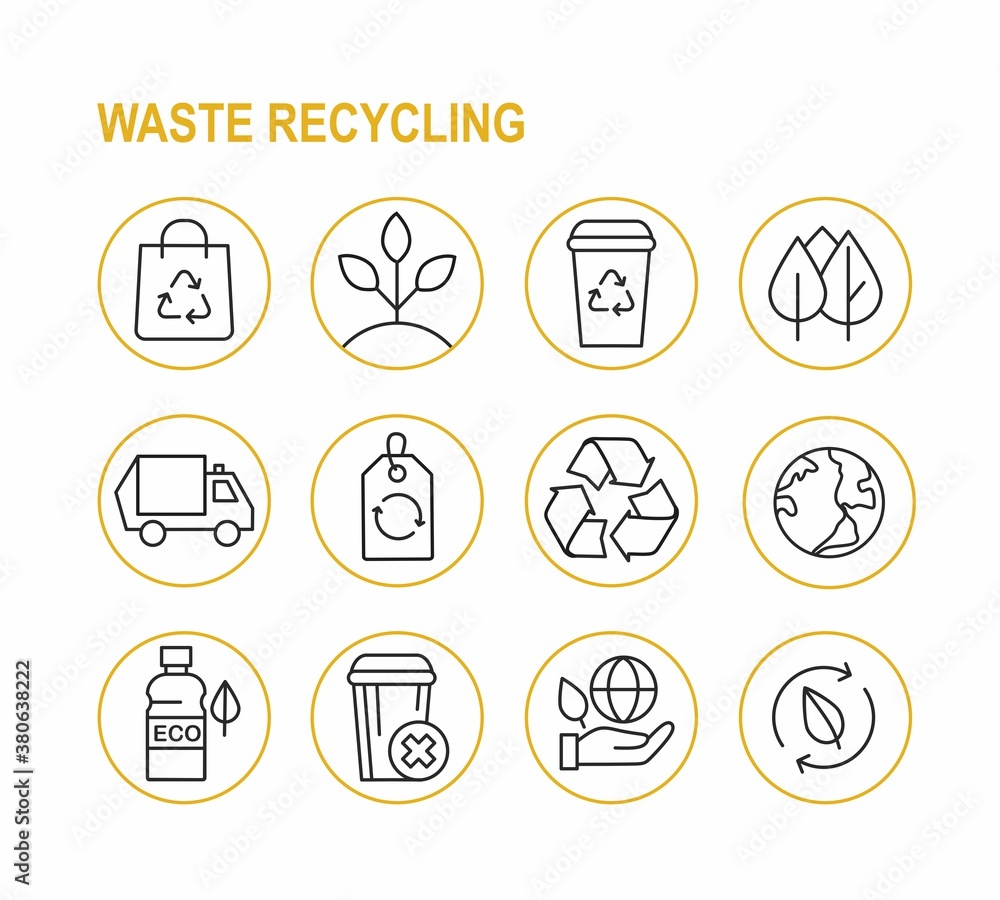 Set of waste recycling icons. Linear ecology signs. 