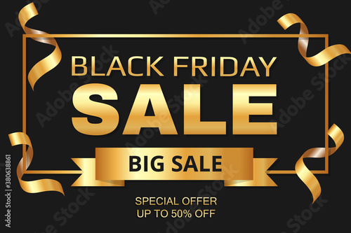 Black friday, festive sale banner template. Black friday dark and gold luxury background with confetti.