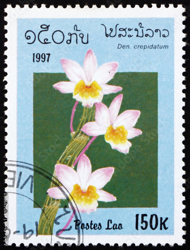 Postage stamp Laos 1997 shoe-lipped dendrobium, orchid