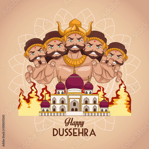 happy dussehra festival poster with ten headed ravana and mosque building