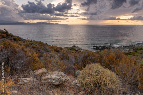 Landscape and Sunset on the coast of the Cap Corse  near the village of Nonza