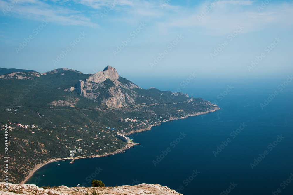 .Top view of Laspi Bay and mount Foros. On the edge of a cliff high above the sea