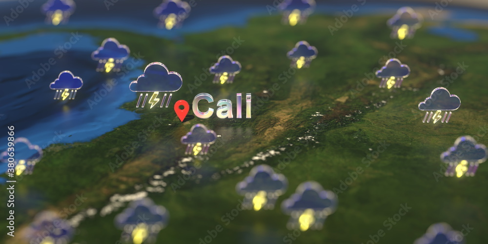 Cali city and stormy weather icon on the map, weather forecast related 3D rendering Cali city and stormy weather icon on the map, weather forecast related 3D rendering