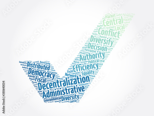 Decentralization check mark word cloud collage, concept background