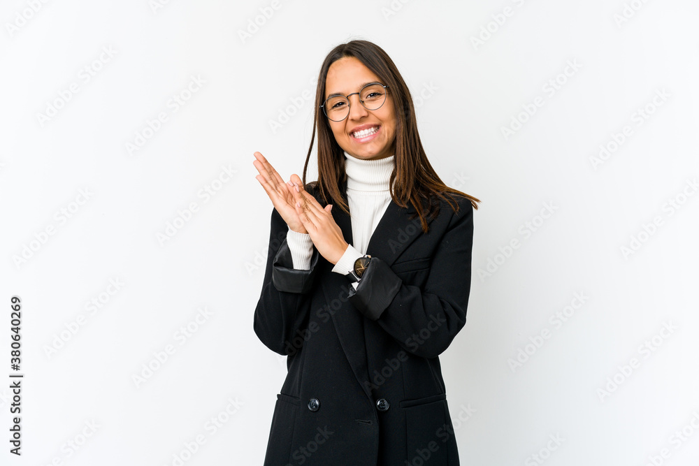 Young mixed race business woman isolated on white background feeling energetic and comfortable, rubbing hands confident. Young mixed race business woman isolated on white background feeling energetic and comfortable, rubbing hands confident.
