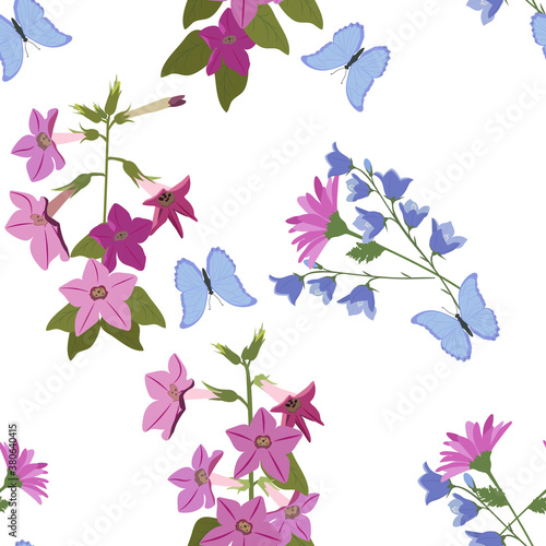 Seamless beautiful vector illustration with wildflowers and butterflies