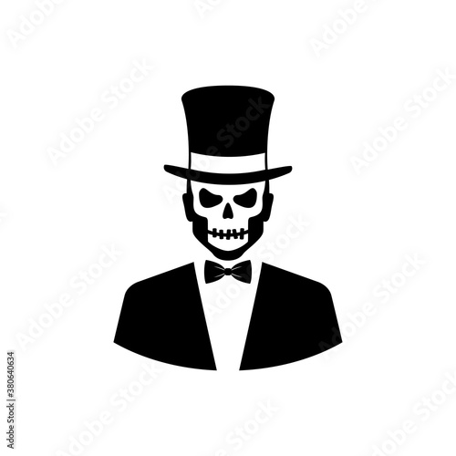 Feliz Halloween. Día de los muertos. Baron Samedi. Vudú. Icono con esqueleto vestido con tux y chistera en color negro