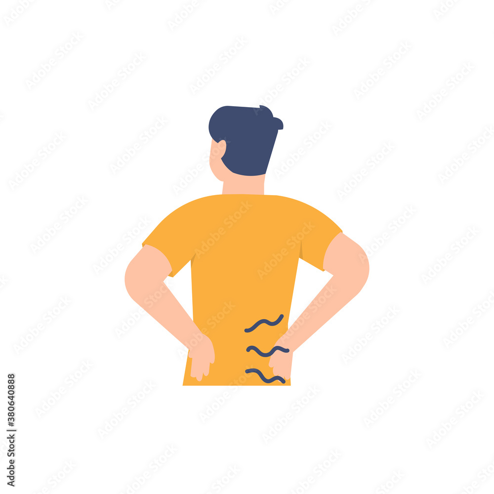 illustration of a man holding his back or waist because of pain. people who experience muscle pain, aches, lumbago, arthritis, muscle injuries. flat design. can be used for elements, landing pages, UI