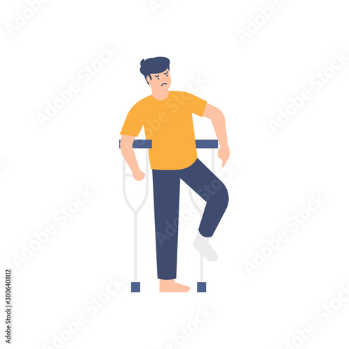 illustration of a man who is limping and using a walker or crutches to walk. leg fractures, sprains, accident victims. flat design. can be used for elements, landing pages, UI, website, characters