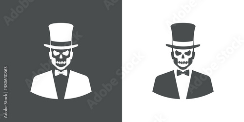 Feliz Halloween. Día de los muertos. Baron Samedi. Vudú. Icono con esqueleto vestido con tux y chistera en fondo gris y fondo blanco