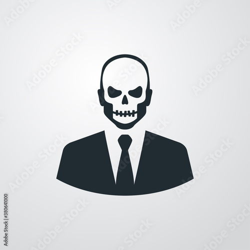 Feliz Halloween. Día de los muertos. Disfraz de zombi. Icono con esqueleto vestido con traje en fondo gris