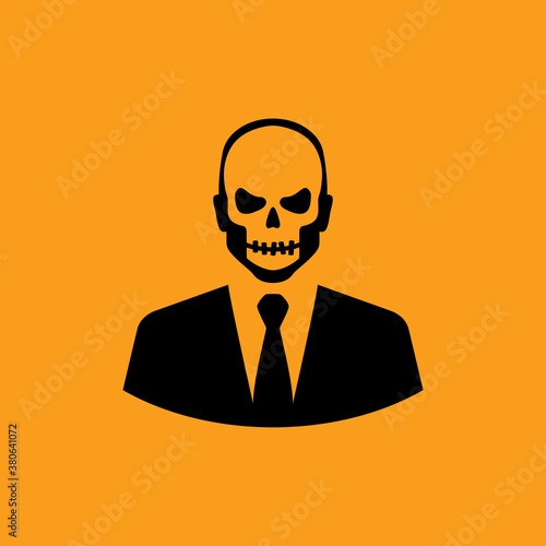Feliz Halloween. Día de los muertos. Disfraz de zombi. Icono con esqueleto vestido con traje en fondo naranja