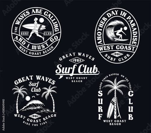 Set of hand drawn vector neon colors surfing illustrations, for t-shirt prints, posters and other uses.