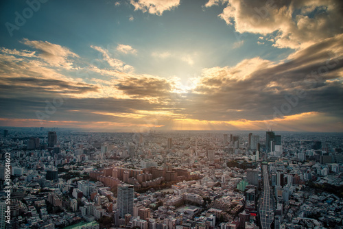 Photography Tokyo Skyline and view of skyscrapers on the observation deck at sunset in Japan