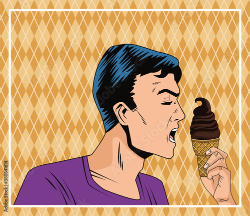 man profile eating ice in cone cream pop art style character