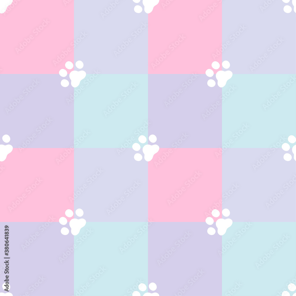 Cute seamless Patchwork quilt pattern with paw prints. Great for baby fabric, textile, nursery wallpaper. Childish vector background. Pastel Colors.