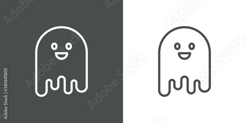 Feliz Halloween. Logotipo lineal fantasma sonriente en fondo gris y fondo blanco