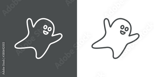 Feliz Halloween. Logotipo lineal fantasma sonriente volador en fondo gris y fondo blanco