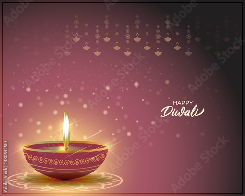 Vector greeting of Happy Diwali, Dipawali, Indian festival, festival of lights, diya lamp, oil lamp, diya danglers, patterns, colorful bokeh background, vector illustration banner, holiday wishes post