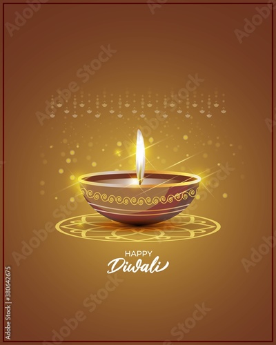 Vector greeting of Happy Diwali, Dipawali, Indian festival, festival of lights, diya lamp, oil lamp, diya danglers, patterns, colorful bokeh background, vector illustration banner, holiday wishes post