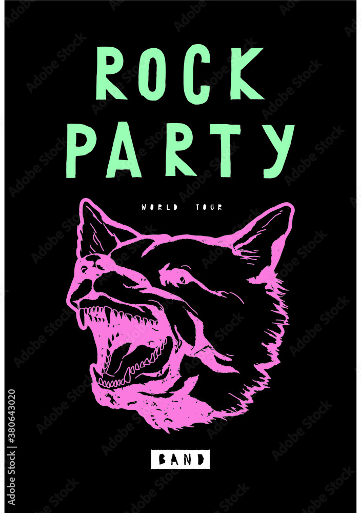 Naklejka premium Barking Dog rock music band world tour poster. Black t-shirt print with angry animal. vector illustration.