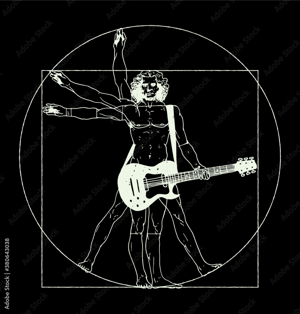 Vecteur Stock Da Vinci man playing rock guitar. Vitruvian man rock music  t-shirt print vector illustration. | Adobe Stock