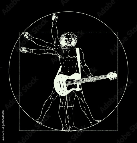 Da Vinci man playing rock guitar. Vitruvian man rock music t-shirt print vector illustration.