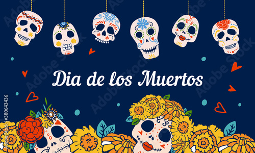 Mexican Day of the Dead design template with painted skulls and marigold flowers on top and bottom of the page. Title in Spanish Day of the Dead. Hand drawn vector illustration