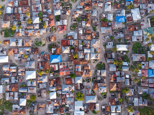 Aerial view on Township Poor Houses favelas in Paje village, Zanzibar, Tanzania, Africa