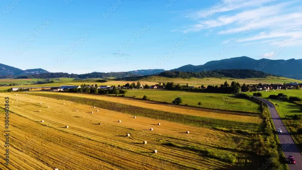 Dron, Morning, ClearSky, Village, Fields, HayBales, CountryRoad, Moving-Forward Dron, Morning, ClearSky, Village, Fields, HayBales, CountryRoad, Moving-Forward