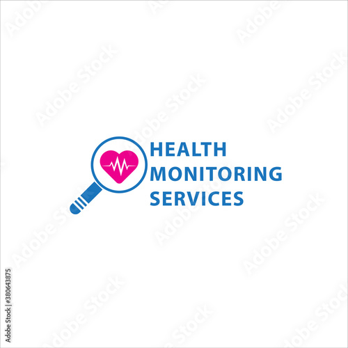 Health monitoring services logo design template isolated on white background. Magnifying glass and Heart shape with pulse vector illustration.. Bright blue and pink magenta color theme. 3/12