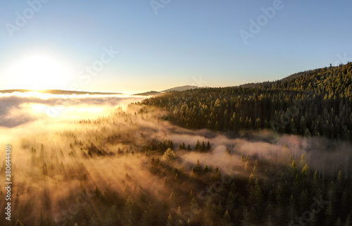 Aerial photography of the rising sun above Lake Schluchsee  Black Forest