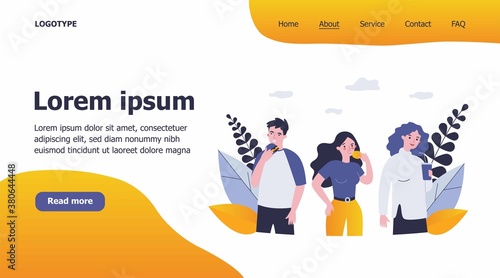 Group of people eating fast food outside. Takeaway drink, burger, snack flat vector illustration. Unhealthy habit, risk, lifestyle concept for banner, website design or landing web page