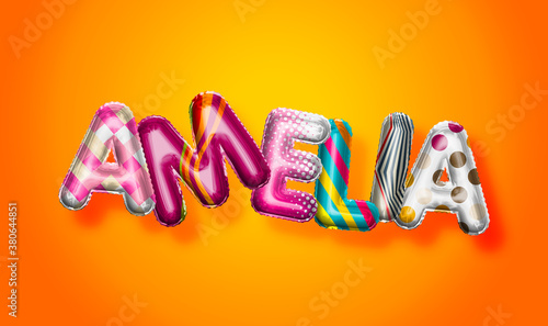 Amelia female name  colorful letter balloons background