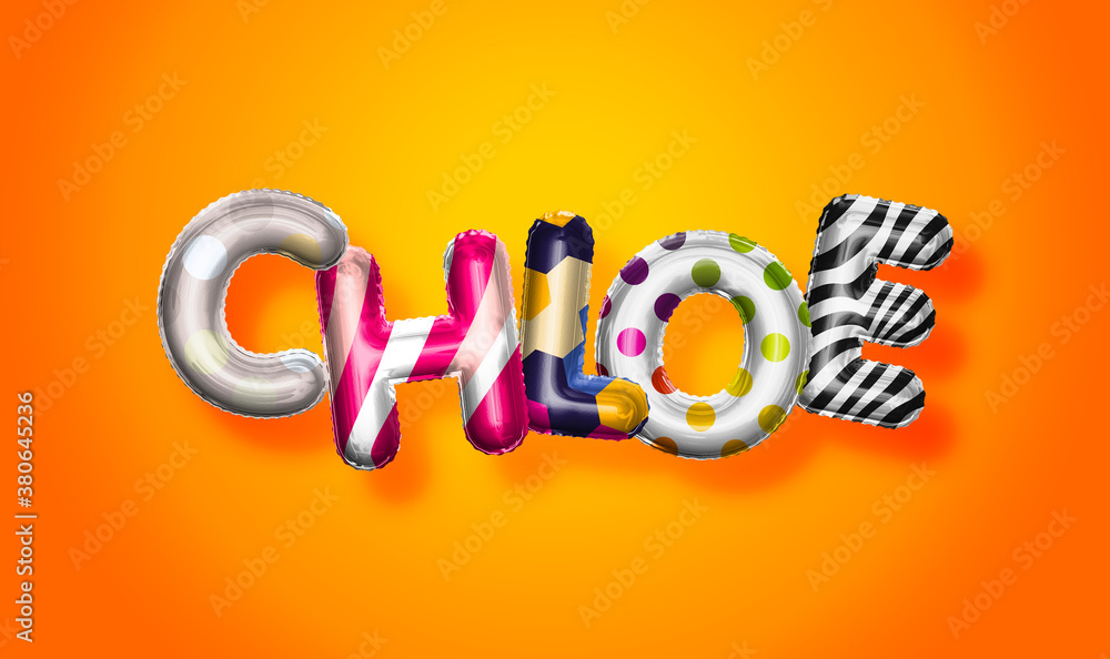 Chloe female name, colorful letter balloons background