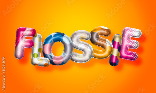 Flossie female name, colorful letter balloons background photo