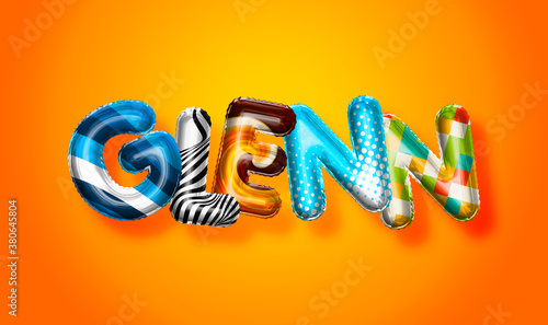 Glenn male name, colorful letter balloons background