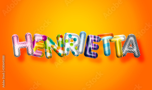 Henrietta female name, colorful letter balloons background photo