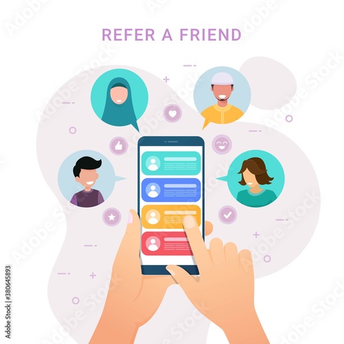 Hands holding phone with contacts for Refer a friend design concept. Social media marketing for friends vector illustration
